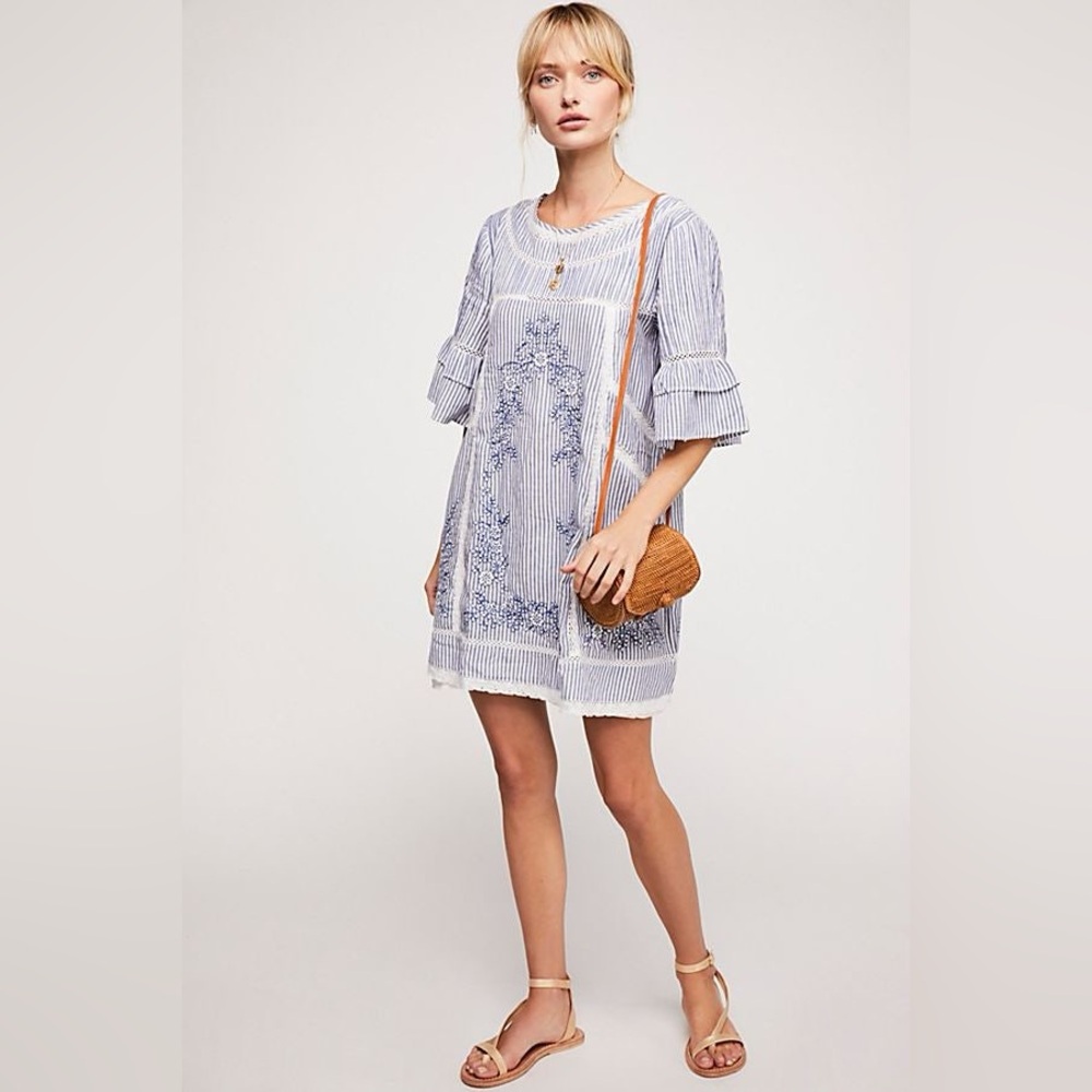 Free People Sunny‎ Days Trapeze Dress Blue White